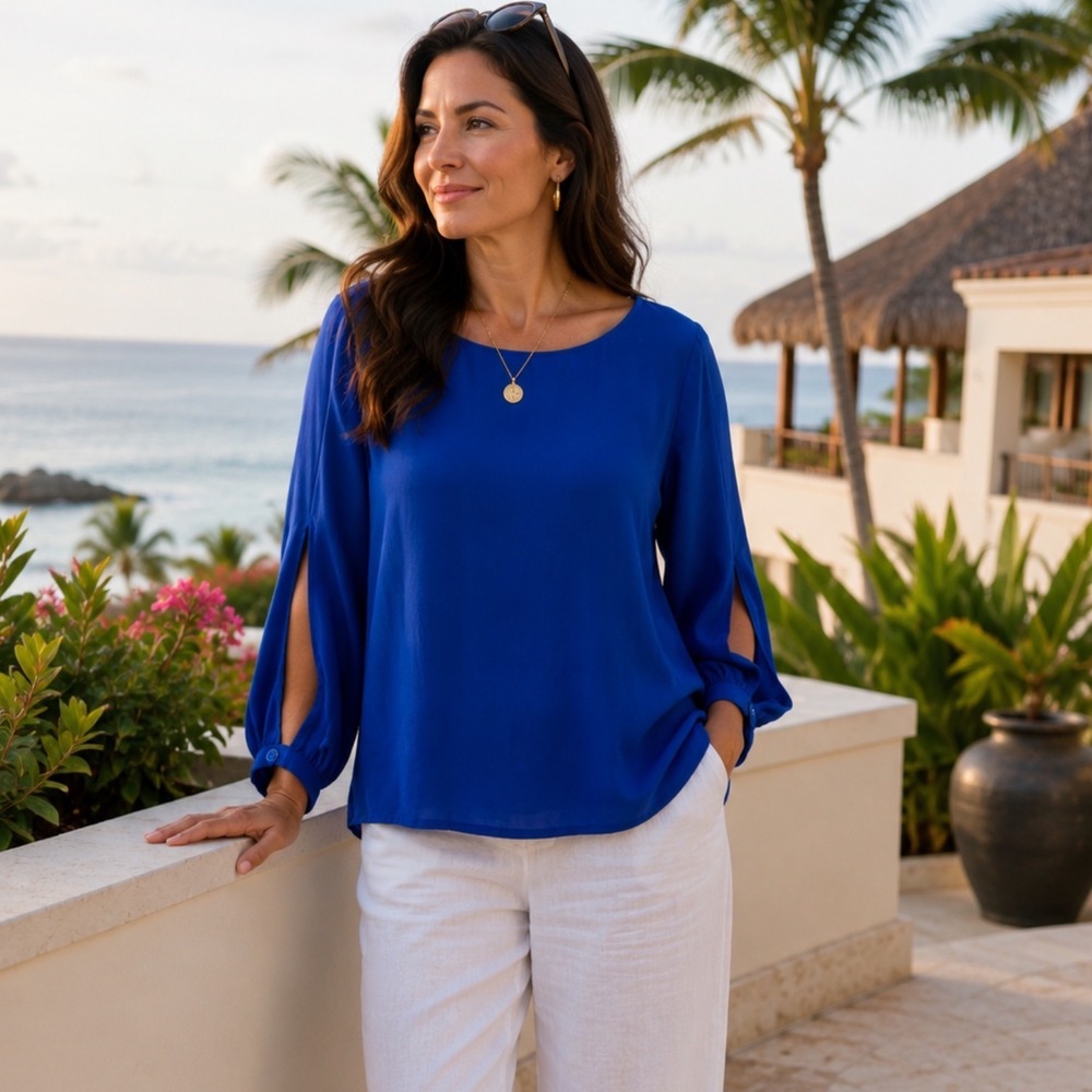 Eileen Fisher Royal Blue 100% Silk Blouse Bateau Split Sleeve Women Large